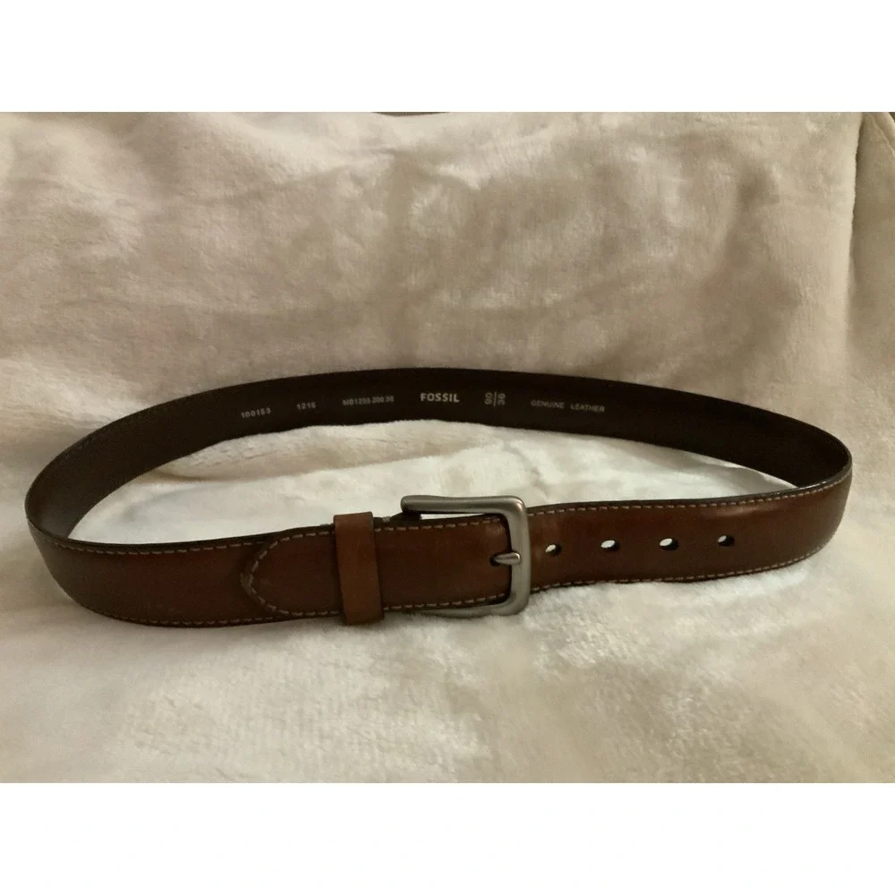 Fossil Brown Leather Belt Contrast Stitching Heavy Duty Buckle Size 36